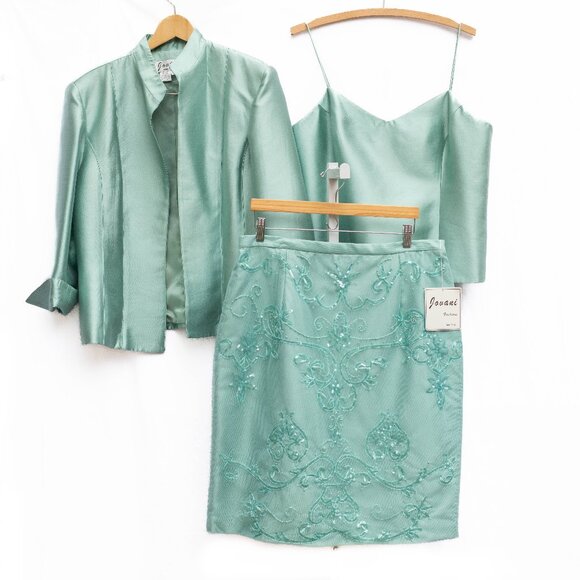 Jovani NY 3 Pc Silk Wool Set 18M Aquamarine Blazer Tank Lace Skirt Beaded NWT - Picture 1 of 16